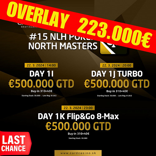 OVERLAY 223.000€! DNES posledná šanca naskočit do Poker North Masters s garanciou 500.000€.