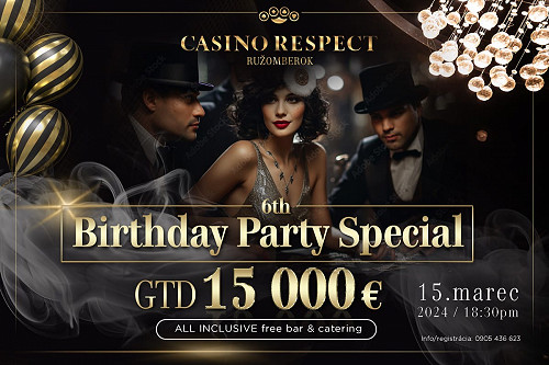 Respect Casino Ružomberok oslavuje šieste narodeniny: Party Special ponesie v piatok garanciu €15.000