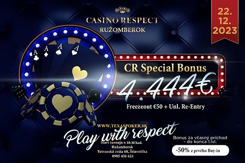 V Casino Respect už tento piatok CR Special Bonus s garanciou €4.444