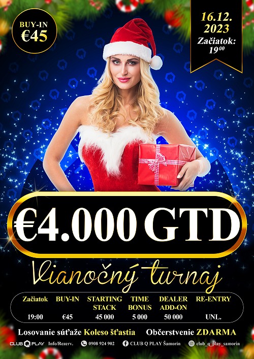 Vianoce v CLUB Q PLAY Šamorín: V sobotu sa bude hrať o garantovaných €4.000!