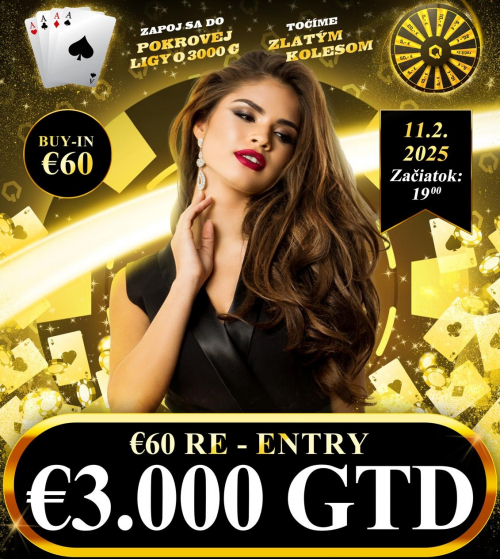 Pokerový klub Club Q Play Šamorín: Reentry turnaj s garanciou 3 000 € už zajtra.