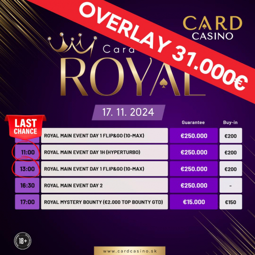 Možnosť zapojiť sa do MAIN EVENTU Card Casino ROYAL, ktorý aktuálne hlási OVERLAY 31.000€