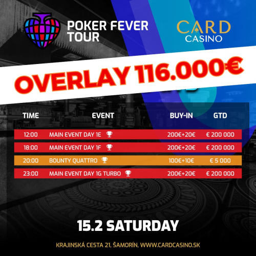 OVERLAY 116.000€ na Main Eventu Poker Fever Tour v Card Casino Šamorín