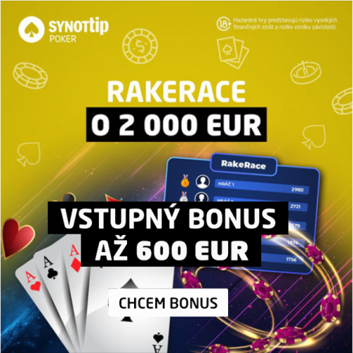 Pokrová RakeRace o 2000 EUR. Extra naviac vstupný bonus až €600