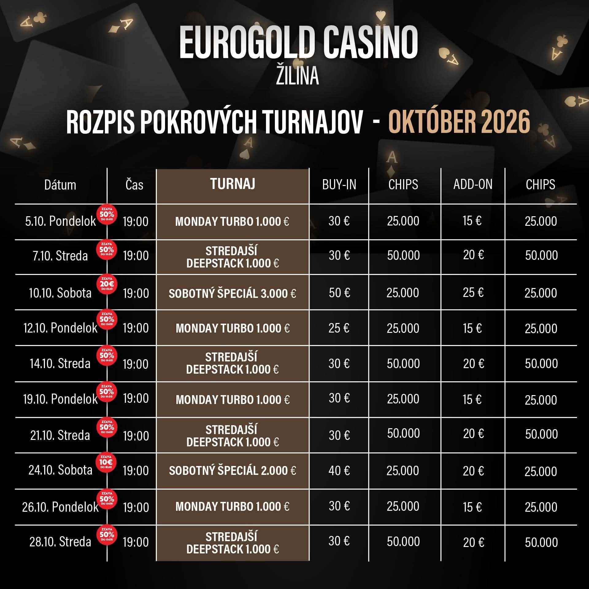 Eurogold Casino Žilina – októbrový program pokrových turnajov